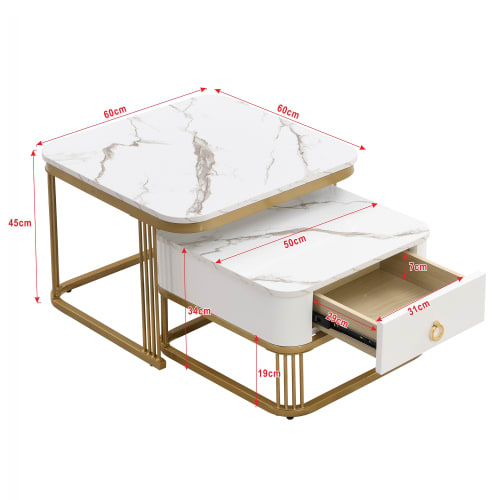 Nestable Coffee Table High Gloss Marble Exterior, Gold Accents, Side Table With Drawer. Set Of Two view 22
