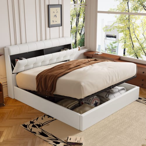 Fashion Upholstered Bed,150x200  5ft, King Bed,Hydraulic Bed,Concealed Headboard Storage,Bed Box Storage,PU,With Slats And Headboard,Without Mattress,Cream White view 4