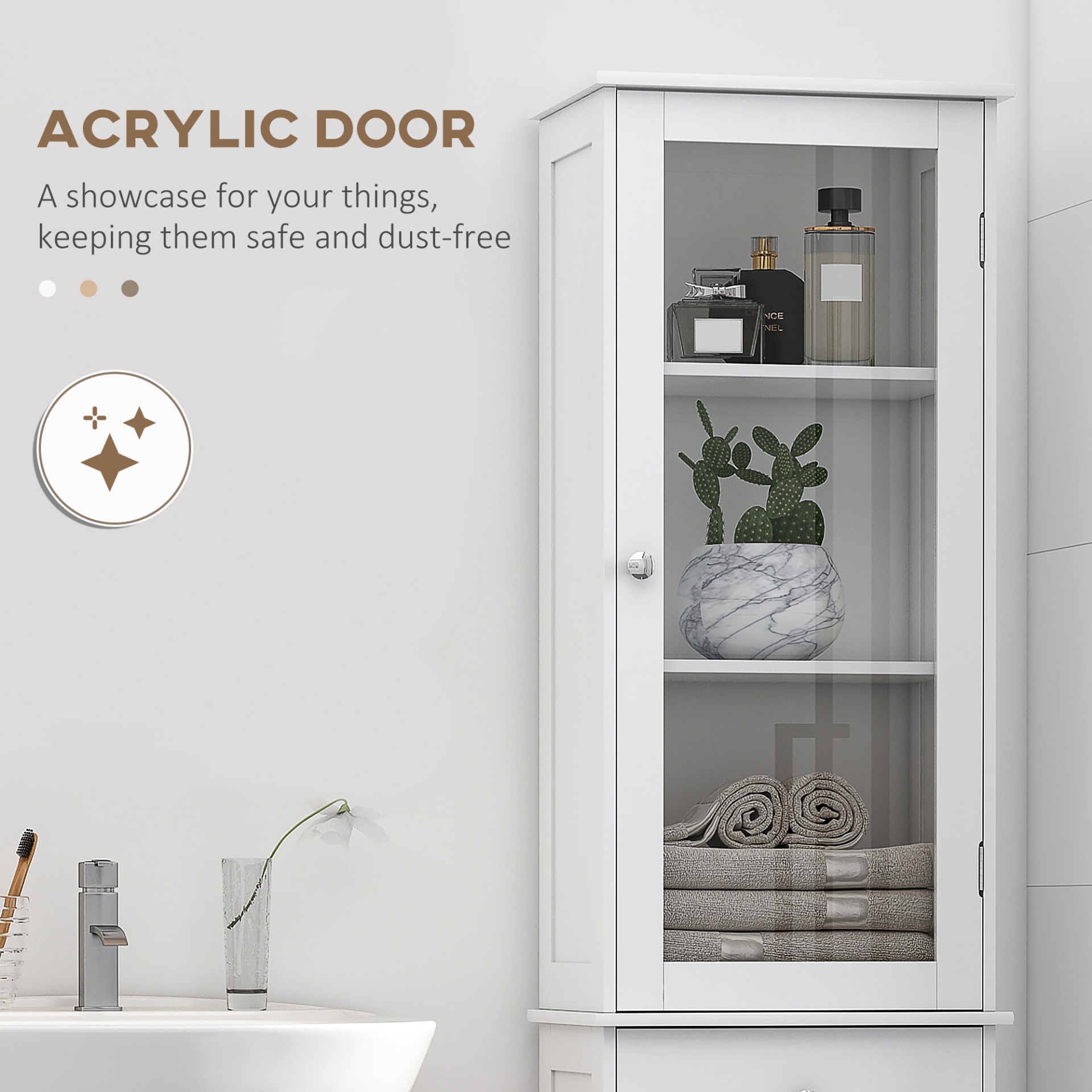 Kleankin Slim Bathroom Storage Cabinet Tall Narrow Linen Tower With Acrylic Door Drawer And Shelves White view 3