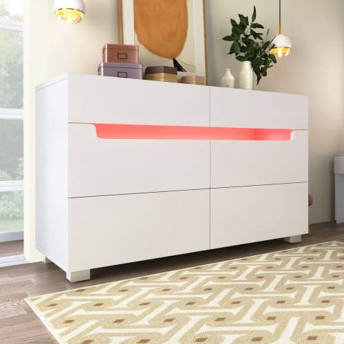Sideboard Cabinet Dresser With 6 Drawers,Storage With RGB LED App Control, Sideboard With Cut-out Handles, 6-drawers Chest Of Drawers, 71 X 120 X 40 Cm, White view 10