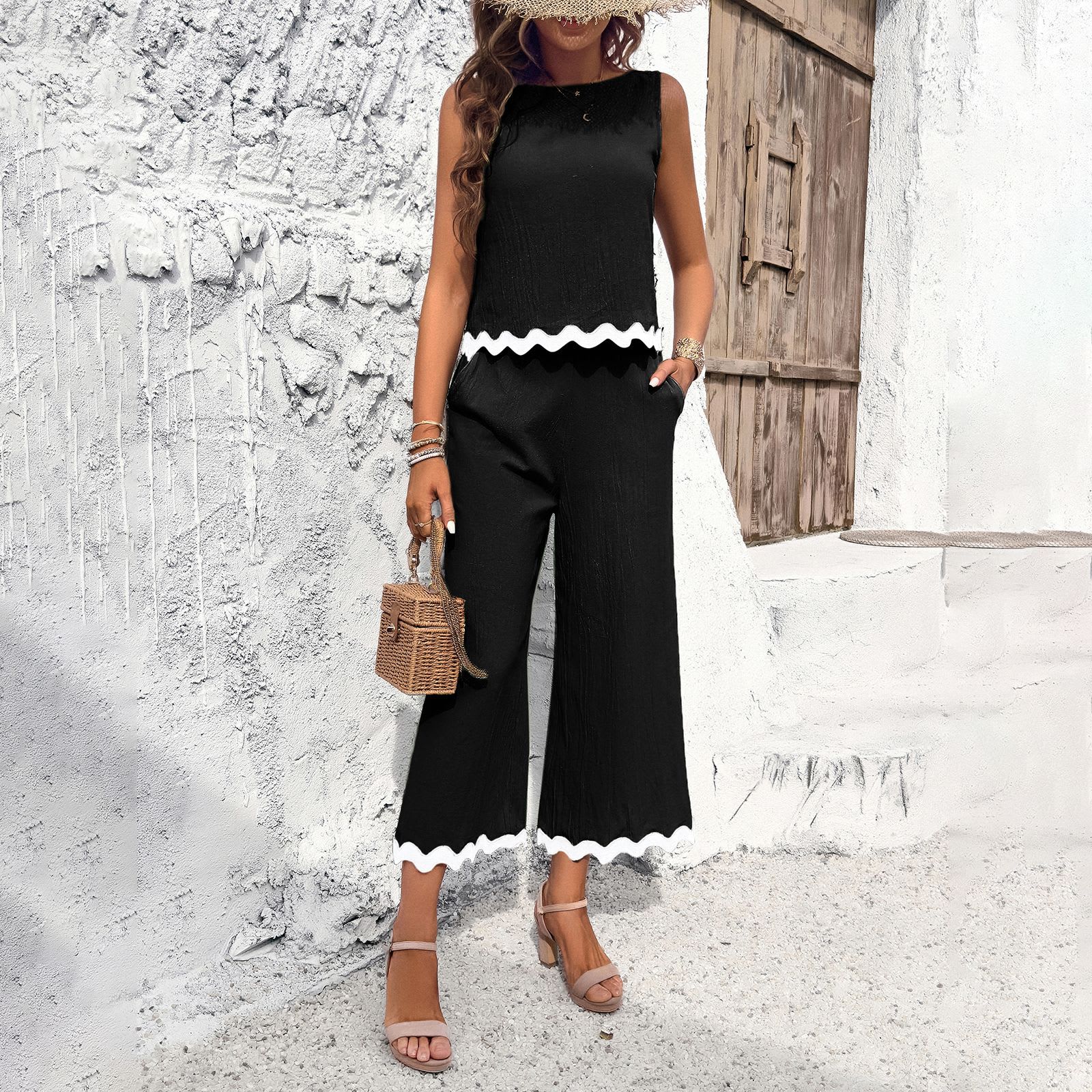 Summer Wave Print Suit Sleeveless Top And Straight Trousers Fashion Casual Solid Color 2pcs Set For Womens Clothing view 2