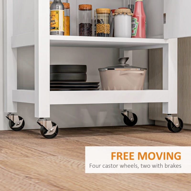 Kitchen Island On Wheels, Rolling Kitchen Cart With Rubberwood Top, Drawer, Wine Rack And Cabinet, White view 10