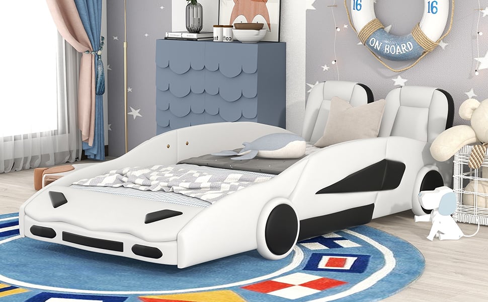 Double Race Platform Bed With Wheels, White view 4