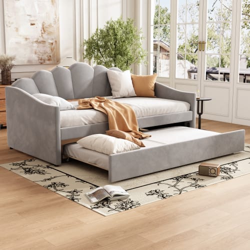 Upholstered Bed, 3FT Single Bed 90x190cm, Bottom With Trundle Bed 90x190cm, Daybed Sofa Bed, Youth Bed, For Adults & Teenagers, Easy Assembly, Velvet, Grey view 13