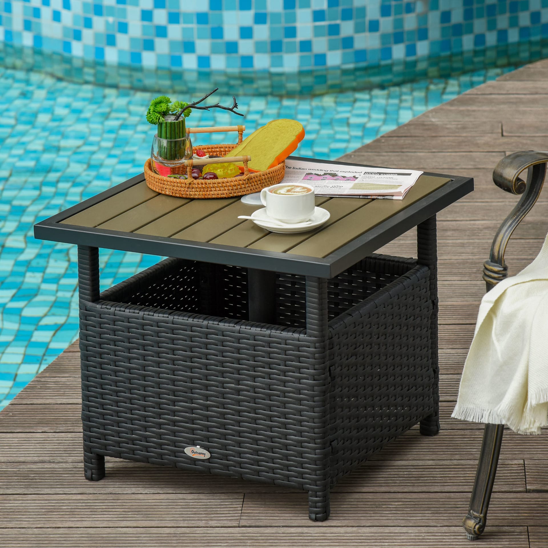 22 Steel PE Rattan Wicker Outdoor Patio Accent Table With Umbrella Hole Brown view 4