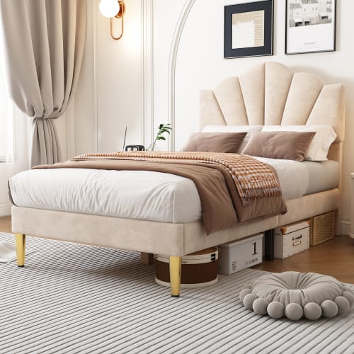 Velvet Upholstered Bed,Single Bed-3ft 90x190cm, Shell-like Bed With Golden Iron Legs, Wooden Slatted Frame, Upholstered Bench With Storage Space 90x40x42cm view 10