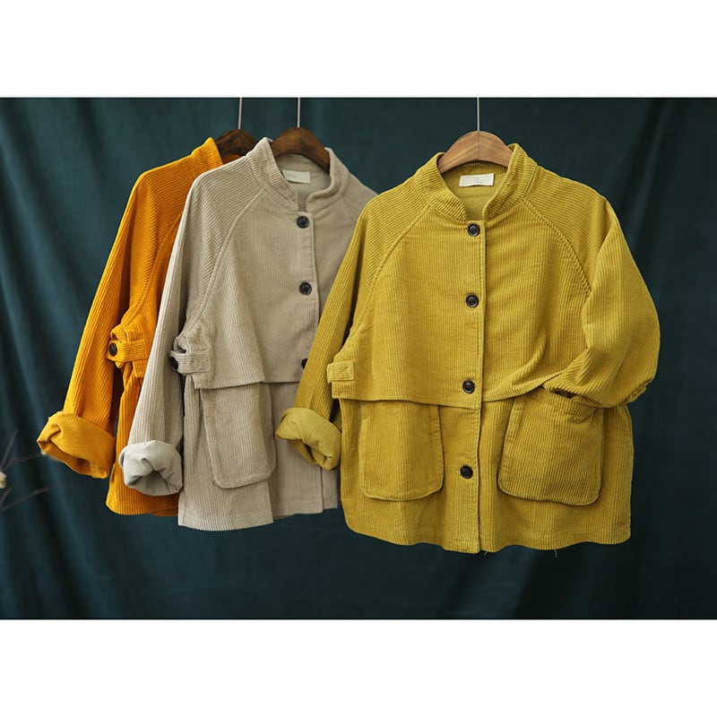 Short Stand Collar Long Sleeve Corduroy Jacket view 1