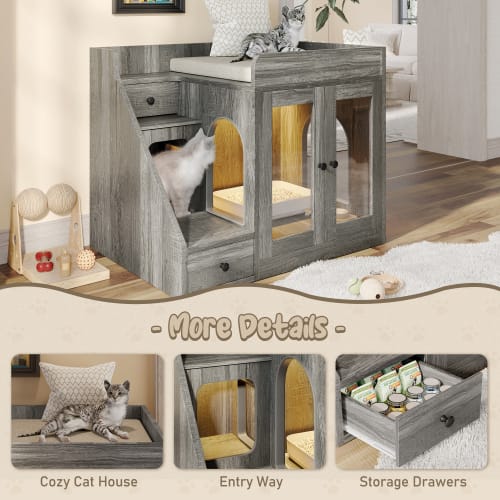 GO Cat Litter Box Enclosure With Light , Hidden Litter Box Furniture With 2 Storage Drawers, Indoor Cat House Side Table For Living Room view 12