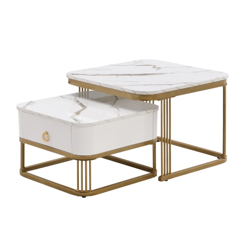 Nestable Coffee Table High Gloss Marble Exterior, Gold Accents, Side Table With Drawer. Set Of Two view 10