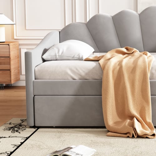 Upholstered Bed, 3FT Single Bed 90x190cm, Bottom With Trundle Bed 90x190cm, Daybed Sofa Bed, Youth Bed, For Adults & Teenagers, Easy Assembly, Velvet, Grey view 16