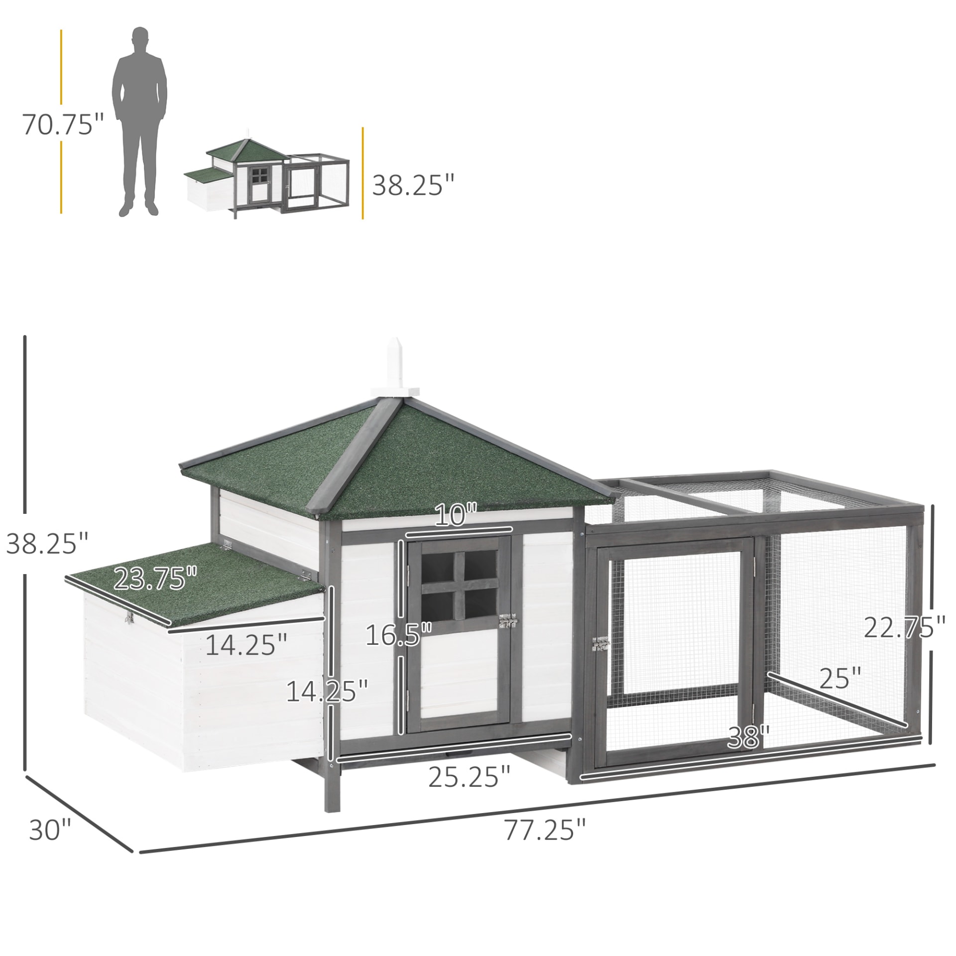 Wooden Chicken Coop 77 Inch With Weatherproof Roof Nesting Box Enclosed Run Removable Tray Outdoor Gray view 7