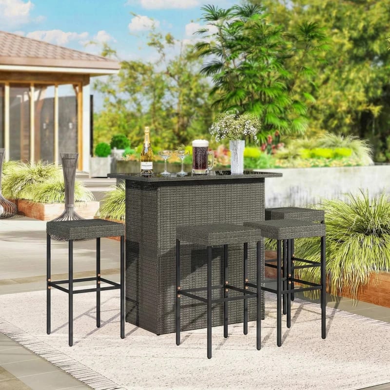 Outsunny 5 Piece Rattan Wicker Bar Set, High Top Outdoor Table And Chairs, Bar Height Patio Set, 2 Shelves & 4 Bar Stools, GrayMultiple Packages view 1
