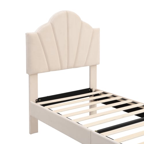 Velvet Upholstered Bed,Single Bed-3ft 90x190cm, Shell-like Bed With Golden Iron Legs, Wooden Slatted Frame, Upholstered Bench With Storage Space 90x40x42cm view 15