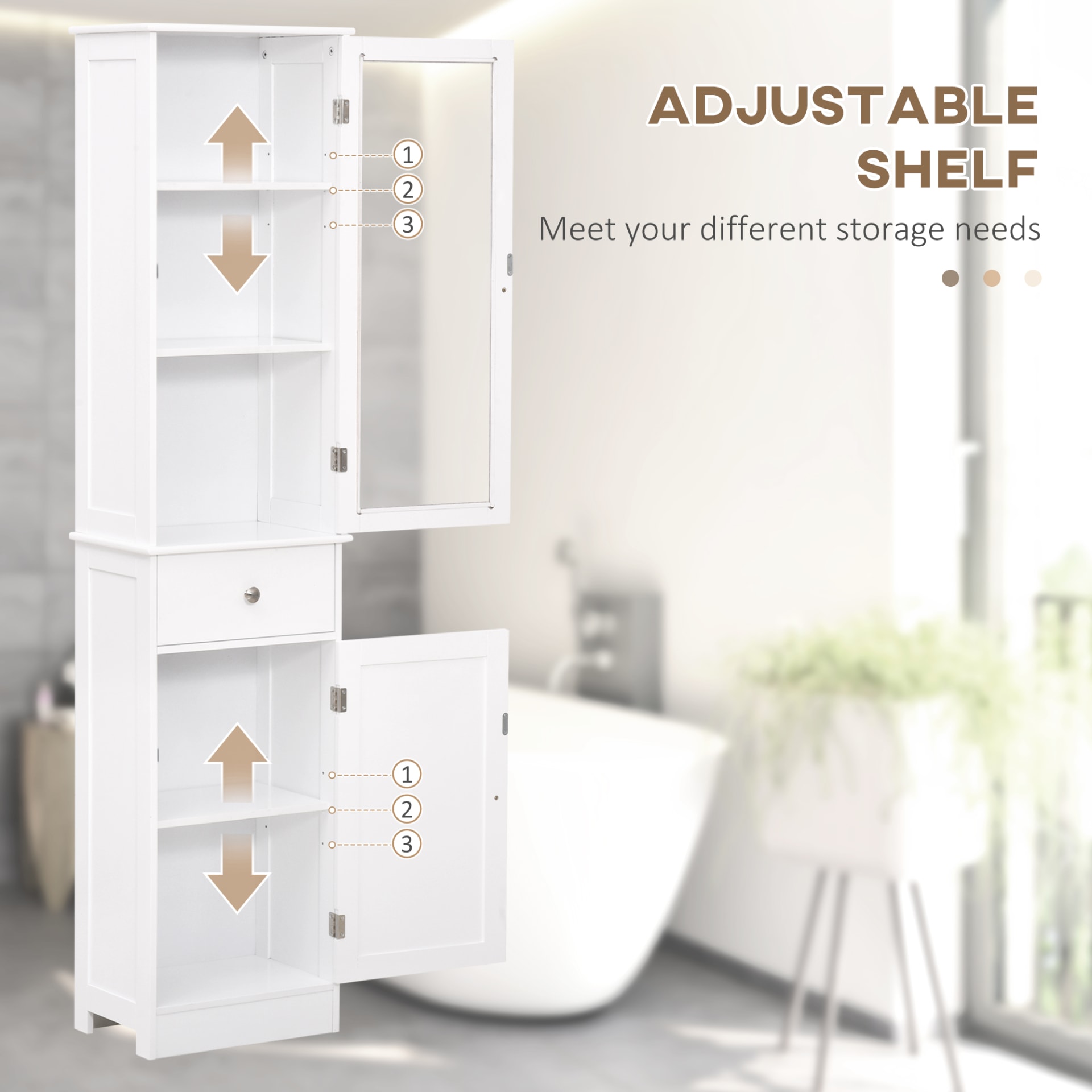 Kleankin Slim Bathroom Storage Cabinet Tall Narrow Linen Tower With Acrylic Door Drawer And Shelves White view 7