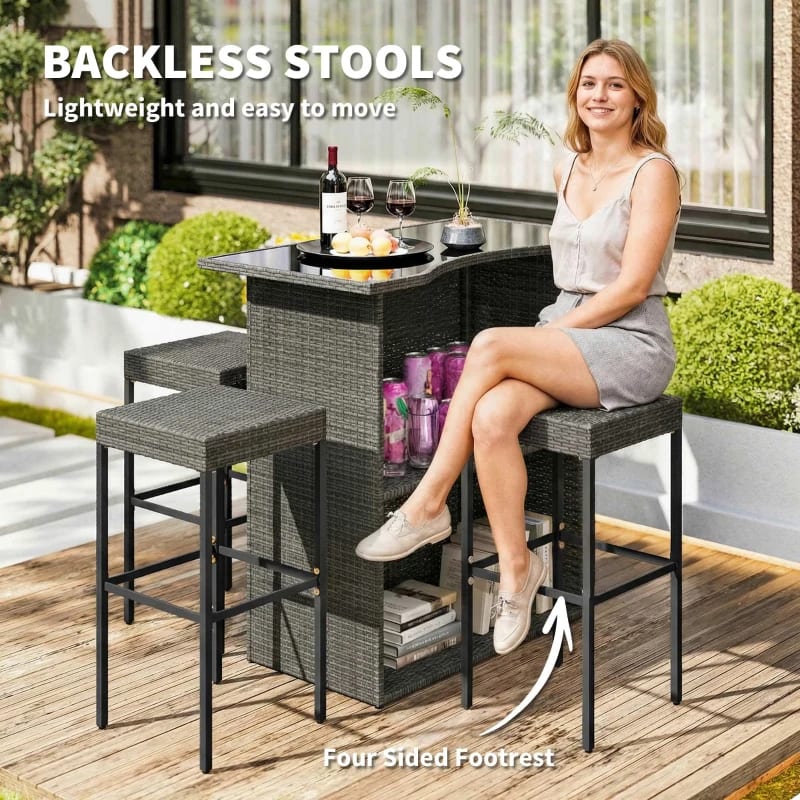Outsunny 5 Piece Rattan Wicker Bar Set, High Top Outdoor Table And Chairs, Bar Height Patio Set, 2 Shelves & 4 Bar Stools, GrayMultiple Packages view 4