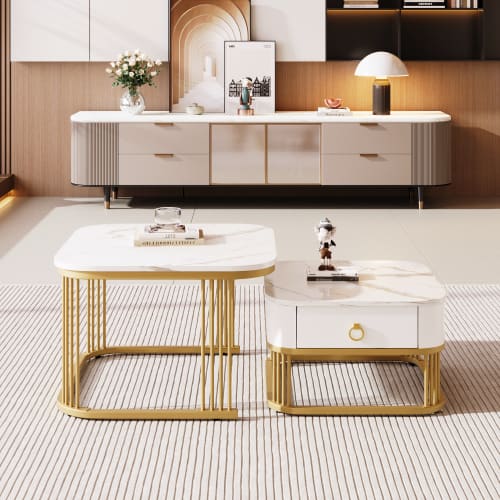 Nestable Coffee Table High Gloss Marble Exterior, Gold Accents, Side Table With Drawer. Set Of Two view 34