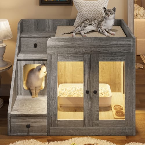 GO Cat Litter Box Enclosure With Light , Hidden Litter Box Furniture With 2 Storage Drawers, Indoor Cat House Side Table For Living Room view 1
