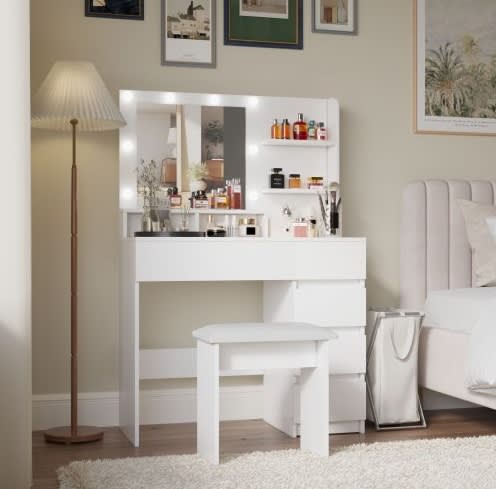 Vanity, Makeup Vanity Desk Set With Mirror & Light, Dressing Table Storage Lots With Power Strip, 3 Lighting Modes With Adjustable Brightness, 37 Inches White With Stool view 6