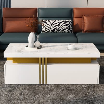 Modern White Rectangular Coffee Table With Marble Pattern Triamine Board Top And 2 Wooden Drawers, Living Room Table, 100x50x40cm view 7