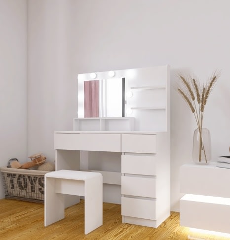 Vanity, Makeup Vanity Desk Set With Mirror & Light, Dressing Table Storage Lots With Power Strip, 3 Lighting Modes With Adjustable Brightness, 37 Inches White With Stool view 3