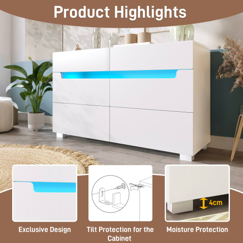 Sideboard Cabinet Dresser With 6 Drawers,Storage With RGB LED App Control, Sideboard With Cut-out Handles, 6-drawers Chest Of Drawers, 71 X 120 X 40 Cm, White view 16