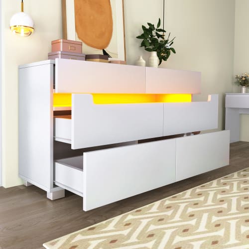 Sideboard Cabinet Dresser With 6 Drawers,Storage With RGB LED App Control, Sideboard With Cut-out Handles, 6-drawers Chest Of Drawers, 71 X 120 X 40 Cm, White view 26