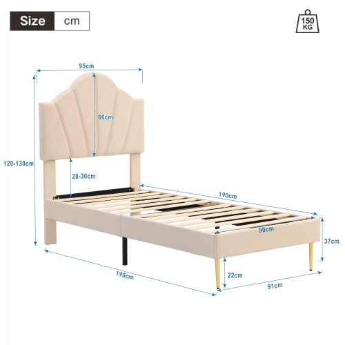 Velvet Upholstered Bed,Single Bed-3ft 90x190cm, Shell-like Bed With Golden Iron Legs, Wooden Slatted Frame, Upholstered Bench With Storage Space 90x40x42cm view 14