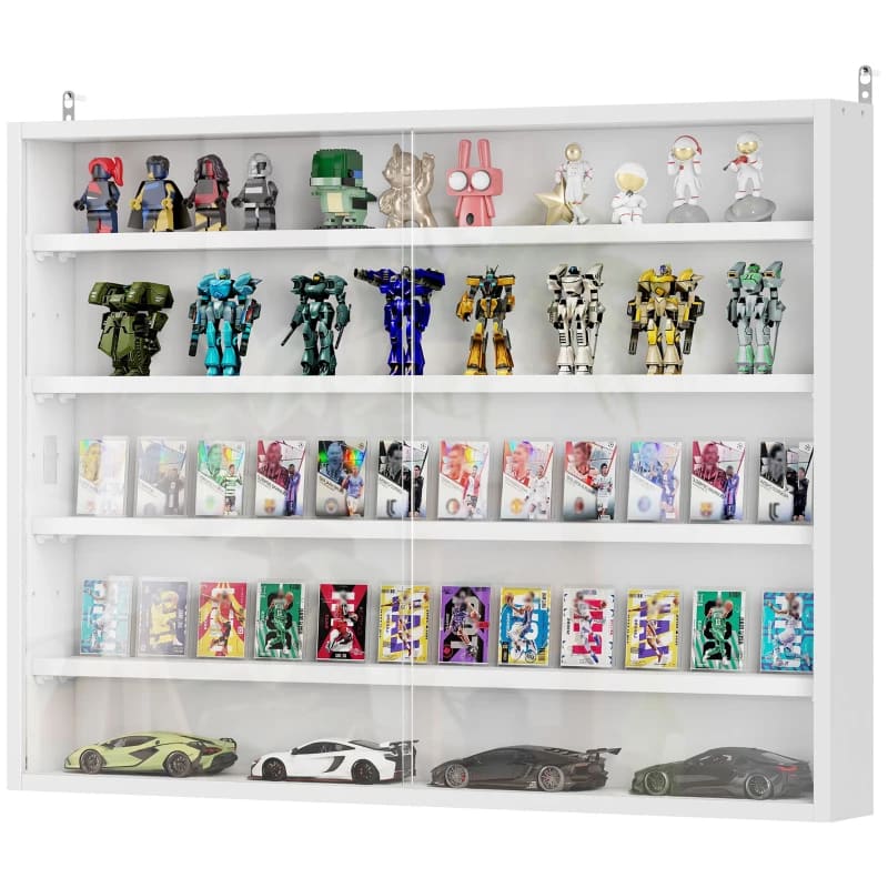 5-Tier Display Cabinet, Wall-Mounted Display Case With 2 Glass Doors And Adjustable Shelves, White view 5