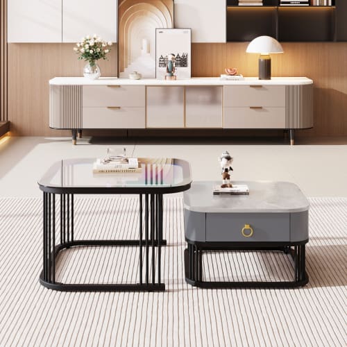 Nestable Coffee Table High Gloss Marble Exterior, Gold Accents, Side Table With Drawer. Set Of Two view 9