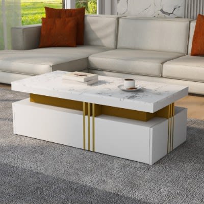 Modern White Rectangular Coffee Table With Marble Pattern Triamine Board Top And 2 Wooden Drawers, Living Room Table, 100x50x40cm view 3