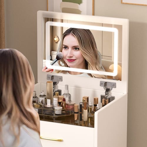 3 In 1 Vanity Desk With Open Top Mirror,Small Make Up Vanity Set With Visible Glass Desktop,Compact Makeup Vanity With 3 Drawers,Dressing Table For Bedroom view 2