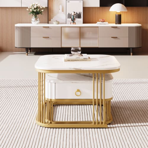 Nestable Coffee Table High Gloss Marble Exterior, Gold Accents, Side Table With Drawer. Set Of Two view 17