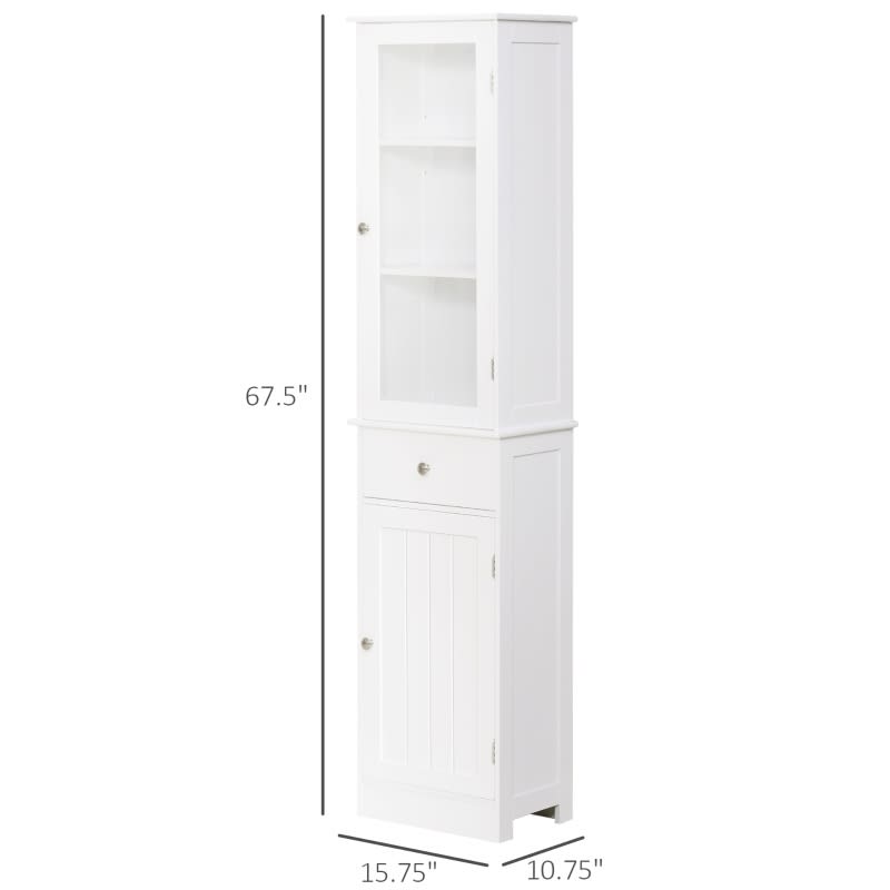 Kleankin Slim Bathroom Storage Cabinet Tall Narrow Linen Tower With Acrylic Door Drawer And Shelves White view 5