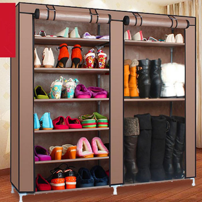 Double Row 9-grid Non-woven Shoe Cabinet Boots In Coffee Color view 3