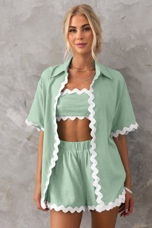 2Pcs Summer Shirt Suit With Short-sleeved V-neck Shirt And Shorts Fashion Wave Print Suits For Womens Clothing view 7