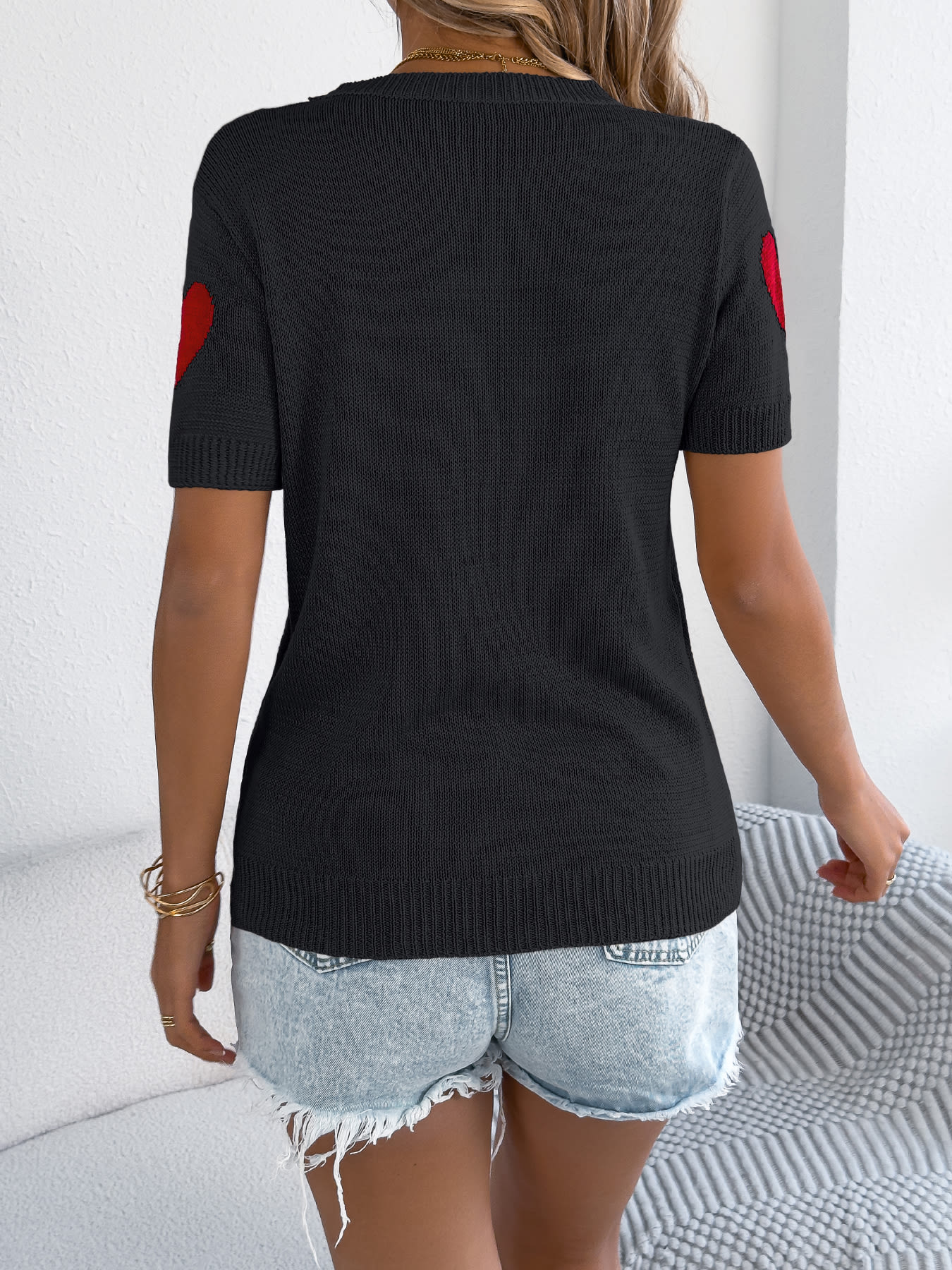 Women S Casual Color Block Heart Short Sleeve Knit Valentine S Top view 13