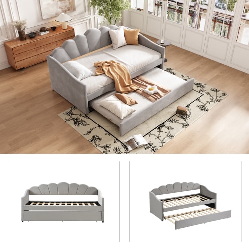Upholstered Bed, 3FT Single Bed 90x190cm, Bottom With Trundle Bed 90x190cm, Daybed Sofa Bed, Youth Bed, For Adults & Teenagers, Easy Assembly, Velvet, Grey view 23
