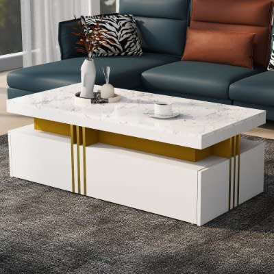 Modern White Rectangular Coffee Table With Marble Pattern Triamine Board Top And 2 Wooden Drawers, Living Room Table, 100x50x40cm view 13