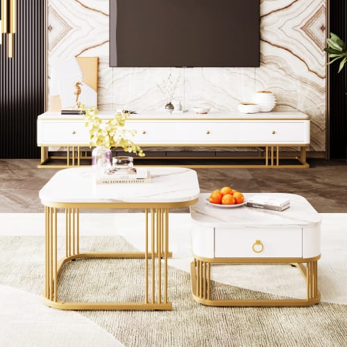Nestable Coffee Table High Gloss Marble Exterior, Gold Accents, Side Table With Drawer. Set Of Two view 16