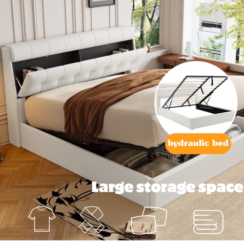 Fashion Upholstered Bed,150x200  5ft, King Bed,Hydraulic Bed,Concealed Headboard Storage,Bed Box Storage,PU,With Slats And Headboard,Without Mattress,Cream White view 11