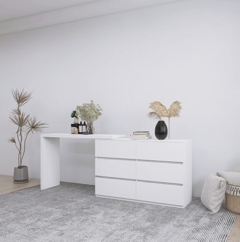 Extended Desktop 6 Drawers Chest Of Drawer Without Handle White Color Vanity view 6