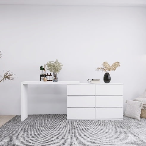 Extended Desktop 6 Drawers Chest Of Drawer Without Handle White Color Vanity view 3