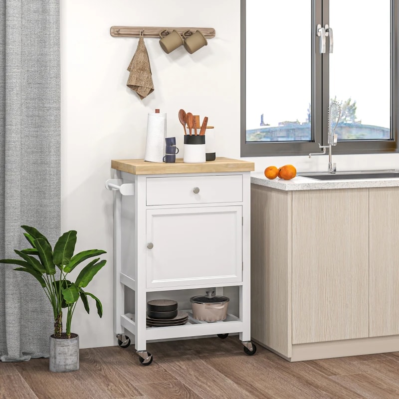Kitchen Island On Wheels, Rolling Kitchen Cart With Rubberwood Top, Drawer, Wine Rack And Cabinet, White view 5