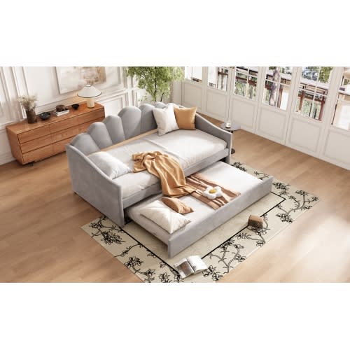 Upholstered Bed, 3FT Single Bed 90x190cm, Bottom With Trundle Bed 90x190cm, Daybed Sofa Bed, Youth Bed, For Adults & Teenagers, Easy Assembly, Velvet, Grey view 9