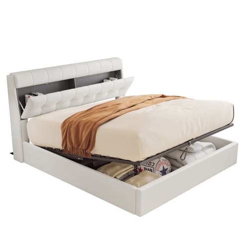 Fashion Upholstered Bed,150x200  5ft, King Bed,Hydraulic Bed,Concealed Headboard Storage,Bed Box Storage,PU,With Slats And Headboard,Without Mattress,Cream White view 13