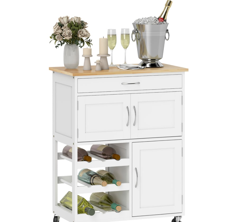 Rolling Kitchen Cart, White, Island With Storage Drawer, 9-Bottle Wine Rack, Door Cabinets, Wooden Countertop view 6