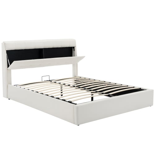 Fashion Upholstered Bed,150x200  5ft, King Bed,Hydraulic Bed,Concealed Headboard Storage,Bed Box Storage,PU,With Slats And Headboard,Without Mattress,Cream White view 2