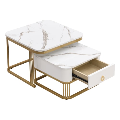 Nestable Coffee Table High Gloss Marble Exterior, Gold Accents, Side Table With Drawer. Set Of Two view 28
