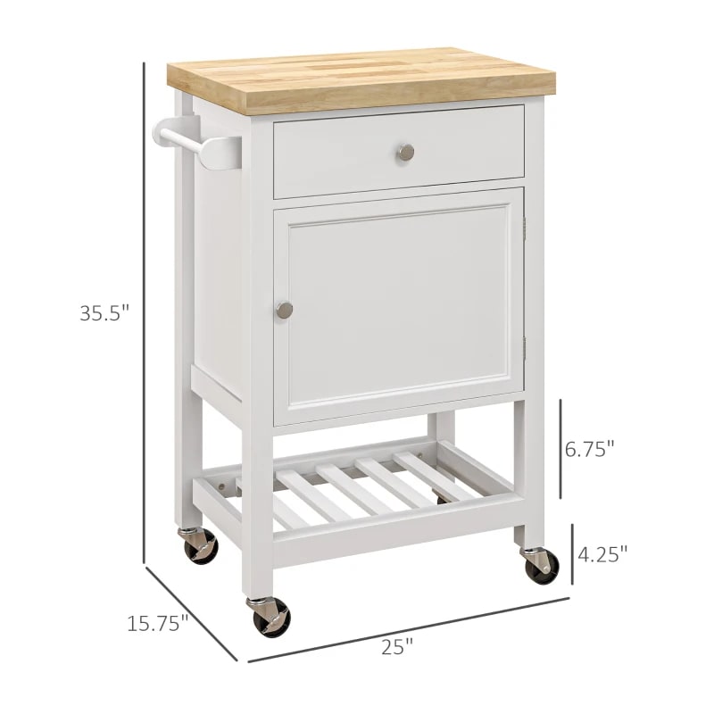 Kitchen Island On Wheels, Rolling Kitchen Cart With Rubberwood Top, Drawer, Wine Rack And Cabinet, White view 7