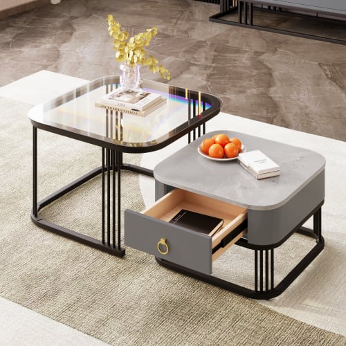 Nestable Coffee Table High Gloss Marble Exterior, Gold Accents, Side Table With Drawer. Set Of Two view 24